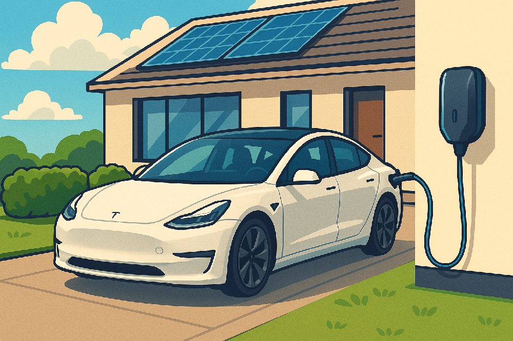 Illustration of a Tesla Model 3 charging at home with solar panels on the roof and wall-mounted EV charger